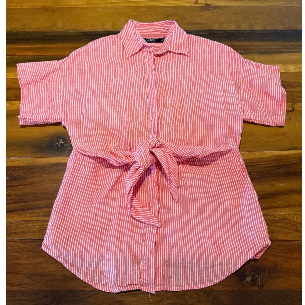 Lauren Ralph Lauren Red White Striped Linen Tie Waist Short Sleeve Shirt XXS